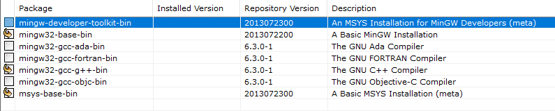 mingw-get con i pacchetti `mingw32-base-bin`, `mingw32-gcc-g++-bin` e `msys-base-bin` marcati per l'installazione.