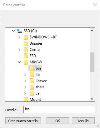 Finestra di selezione cartella; è selezionata la cartella `C:\MinGW\bin`.