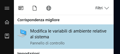 Menu Start di Windows 10; è selezionato `Modifica le variabili di ambiente relative al sistema`.