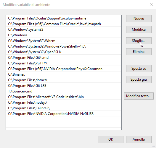 Finestra di modifica del PATH di Windows 10; il mouse è sopra il pulsante `Sfoglia...`.