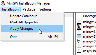 Il menu Installation di mingw-get; il mouse è sopra ad Apply Changes.