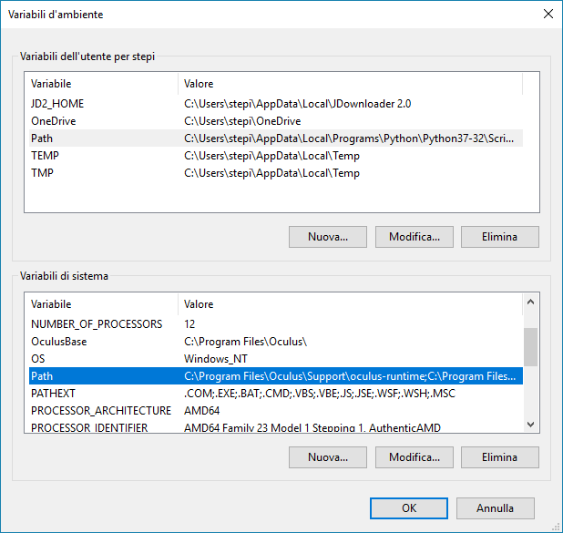 Finestra delle variabili d'ambiente di Windows 10; è selezionata la variabile di sistema `PATH`.