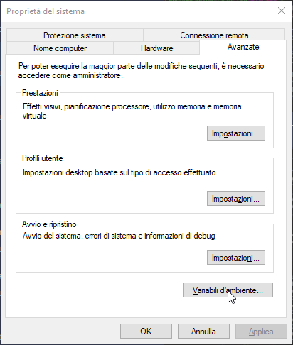 Finestra di Proprietà del sistema di Windows 10; il mouse è sopra al bottone `Variabili d'ambiente...`