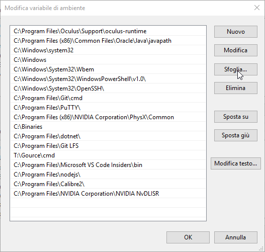 Finestra di modifica del PATH di Windows 10; il mouse è sopra il pulsante `Sfoglia...`.